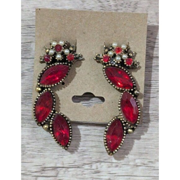 Vintage Dangle Clip-On Earrings Red Rhinestones & Faux Pearls Estate Statement - Picture 1 of 5